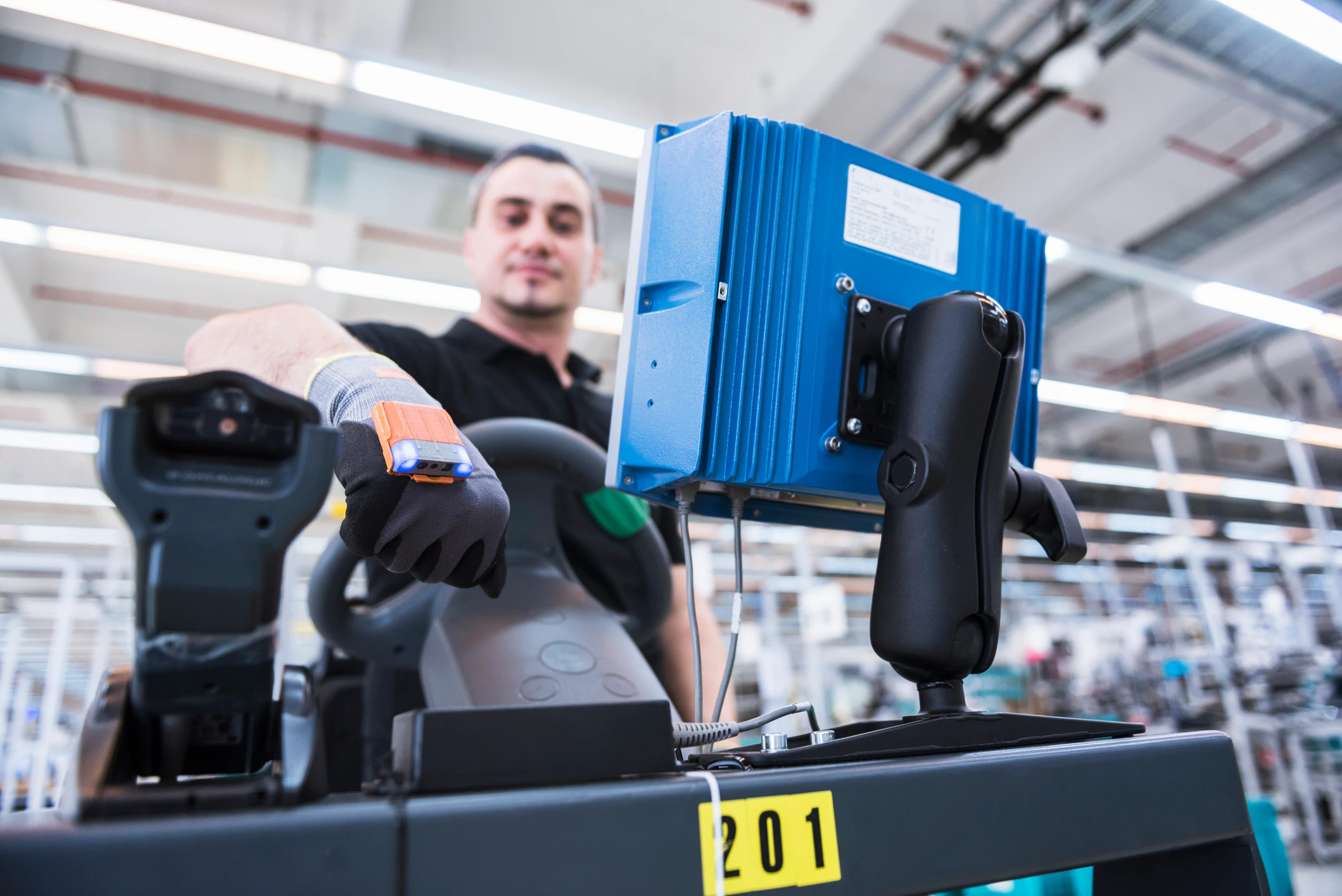 Man working with portable scanner